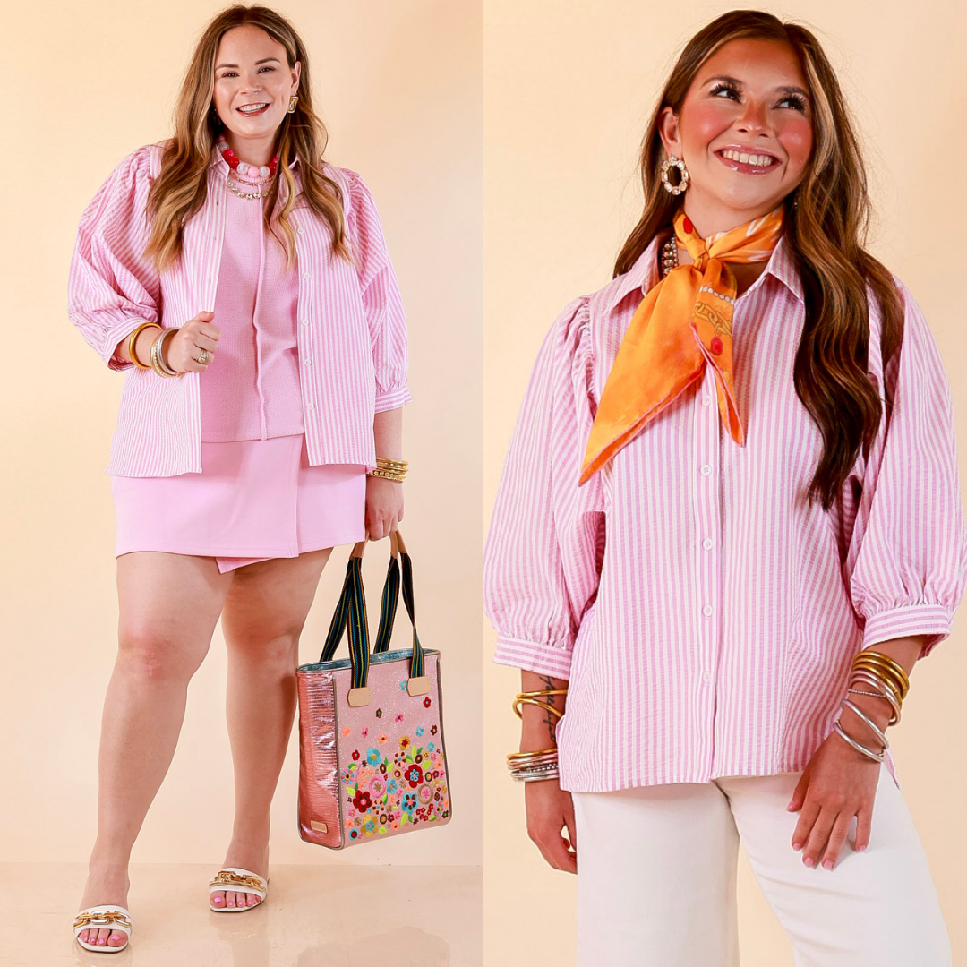 Crisp and Collected Stripe Button Front Collared Top with Puff Short Sleeves in Pink and White
