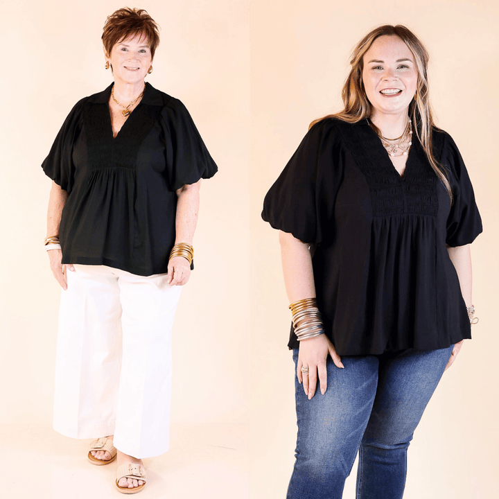 The Crush on Classic blouse features puff sleeves, a collared neckline, and a flowy fit with a smocked bodice. Sizes small through plus sizes. 
