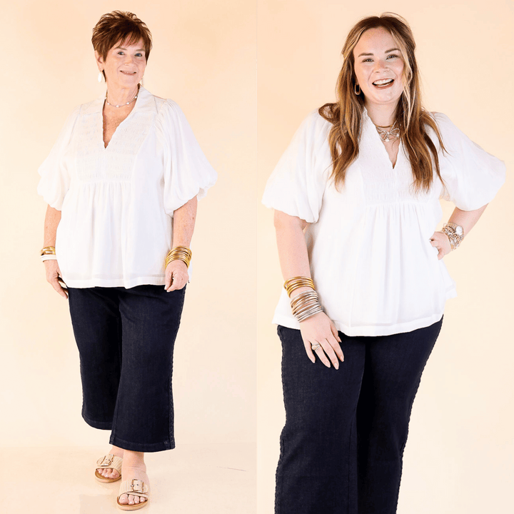 The Crush on Classic blouse features puff sleeves, a collared neckline, and a flowy fit with a smocked bodice. Sizes small through plus sizes. 