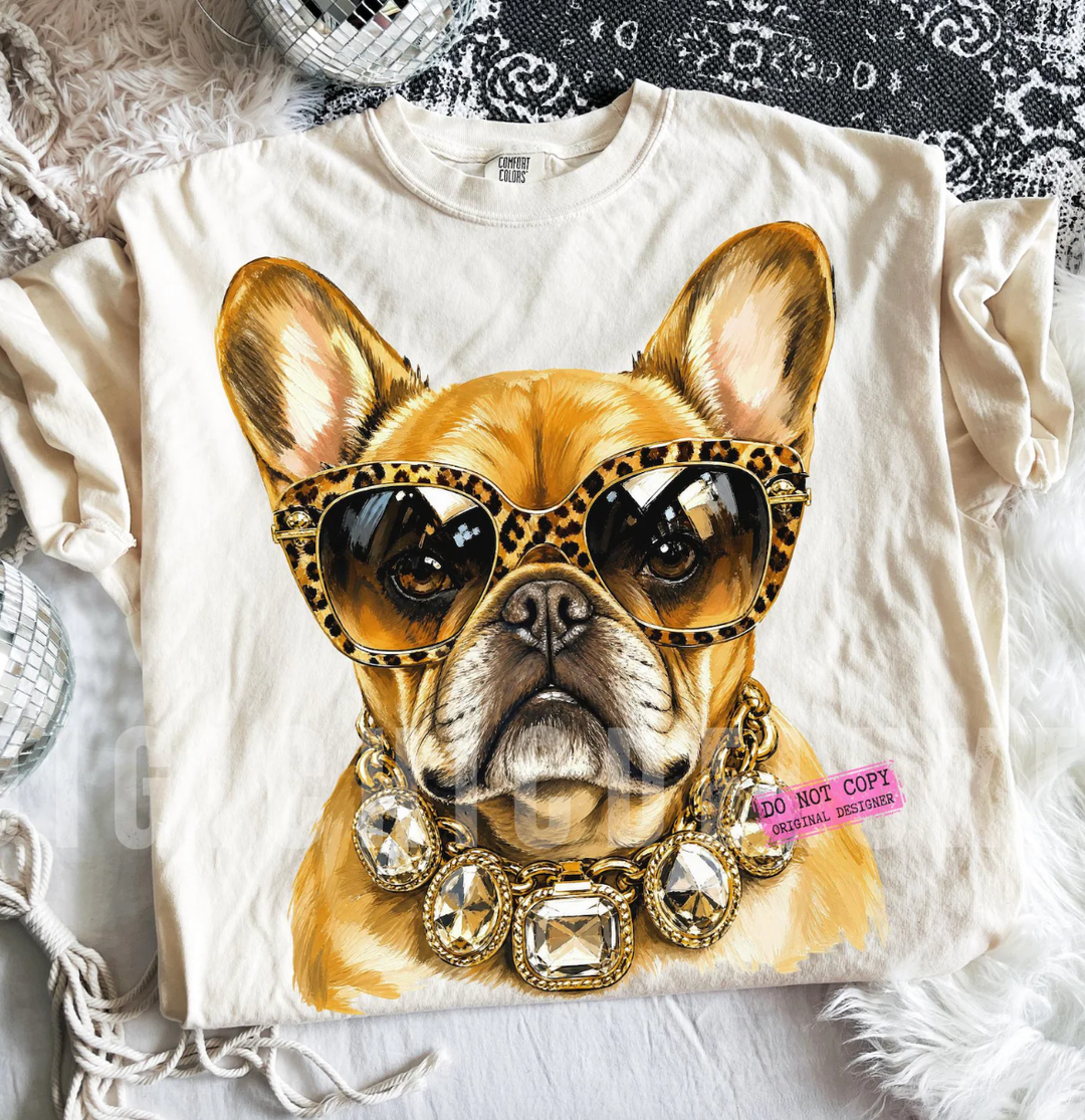 Boujee Brown Frenchie graphic tee or sweatshirt on ivory with a fawn French Bulldog in leopard sunglasses and a gold chain necklace