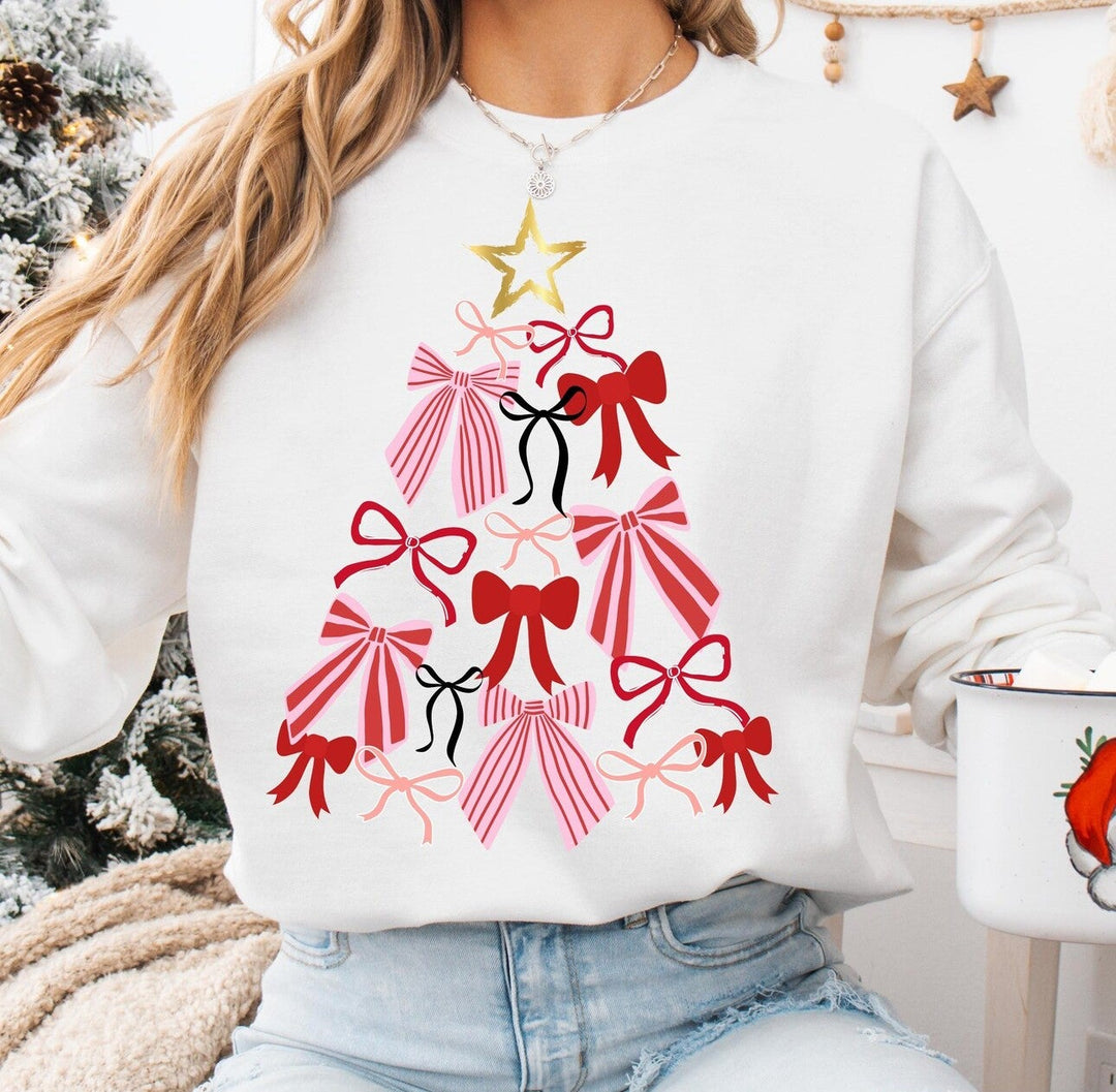Bow Merry Tree Christmas graphic tee or sweatshirt on white with a Christmas tree made of red and pink bows