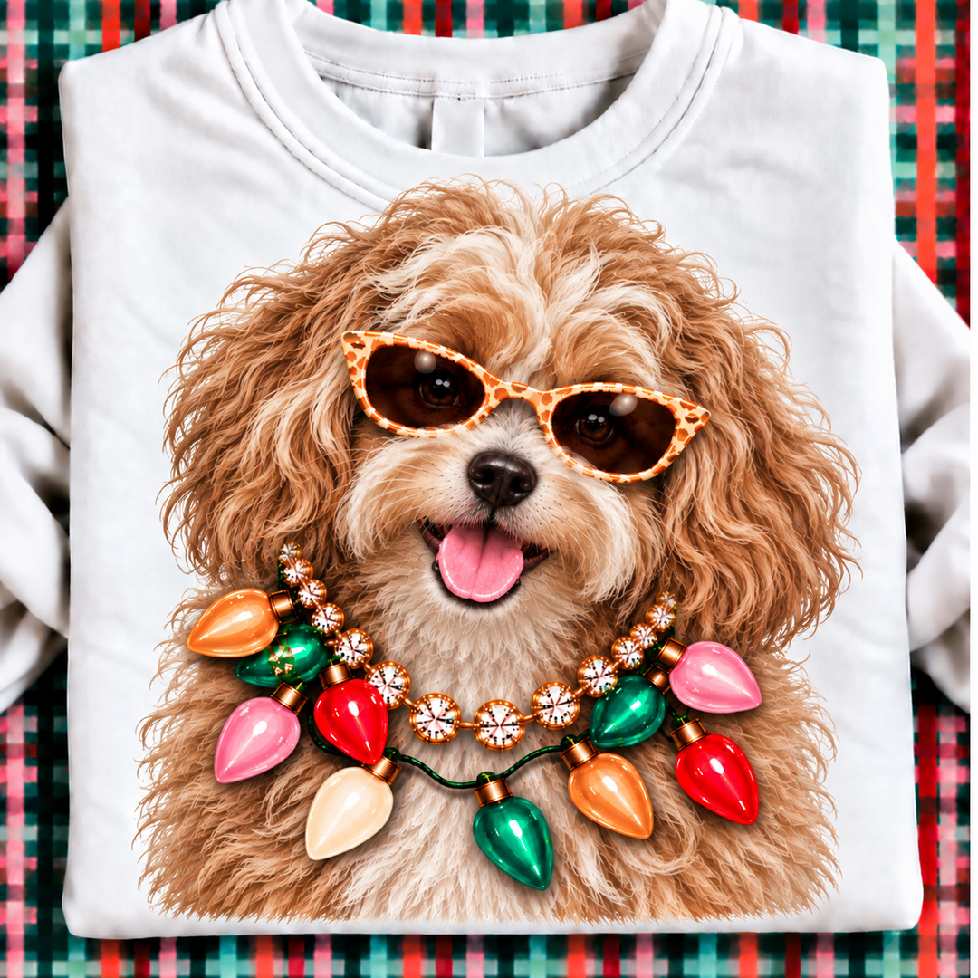 Holiday Boujee Maltipoo Christmas graphic tee or sweatshirt on white with a apricot Maltipoo in sunglasses, a crystal necklace and Christmas lights
