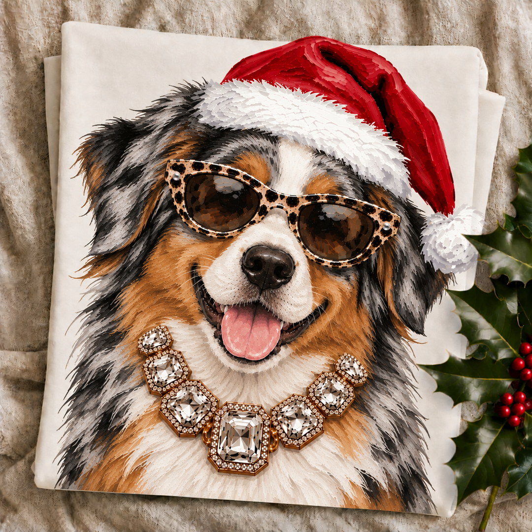 Santa Pup Aussie Christmas graphic tee or sweatshirt featuring a blue merle Aussie in a Santa hat, leopard sunglasses and crystal necklace on ivory