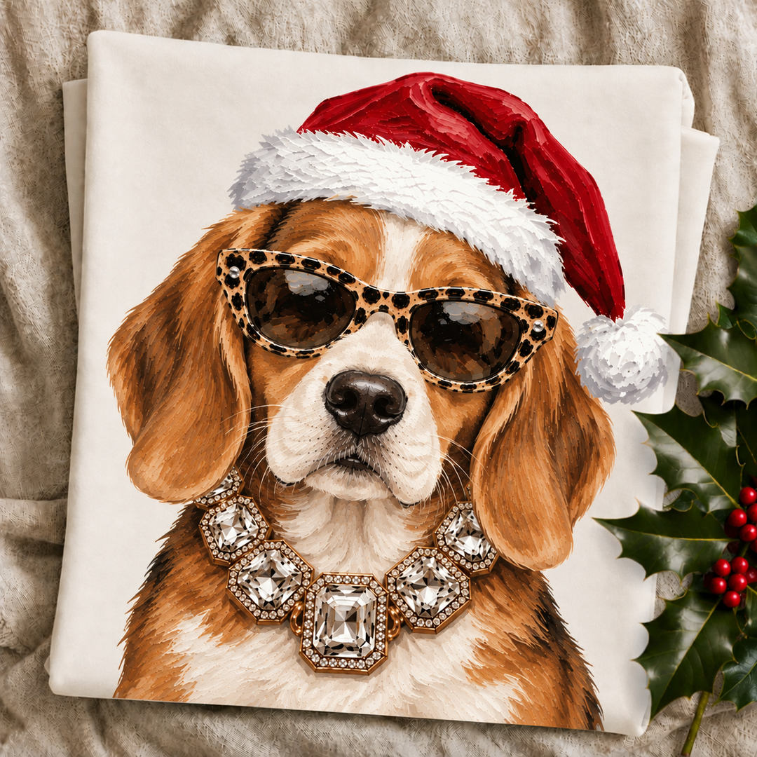 Santa Pup Beagle Christmas graphic tee or sweatshirt featuring a tri-color Beagle in a Santa hat, leopard sunglasses and crystal necklace on ivory