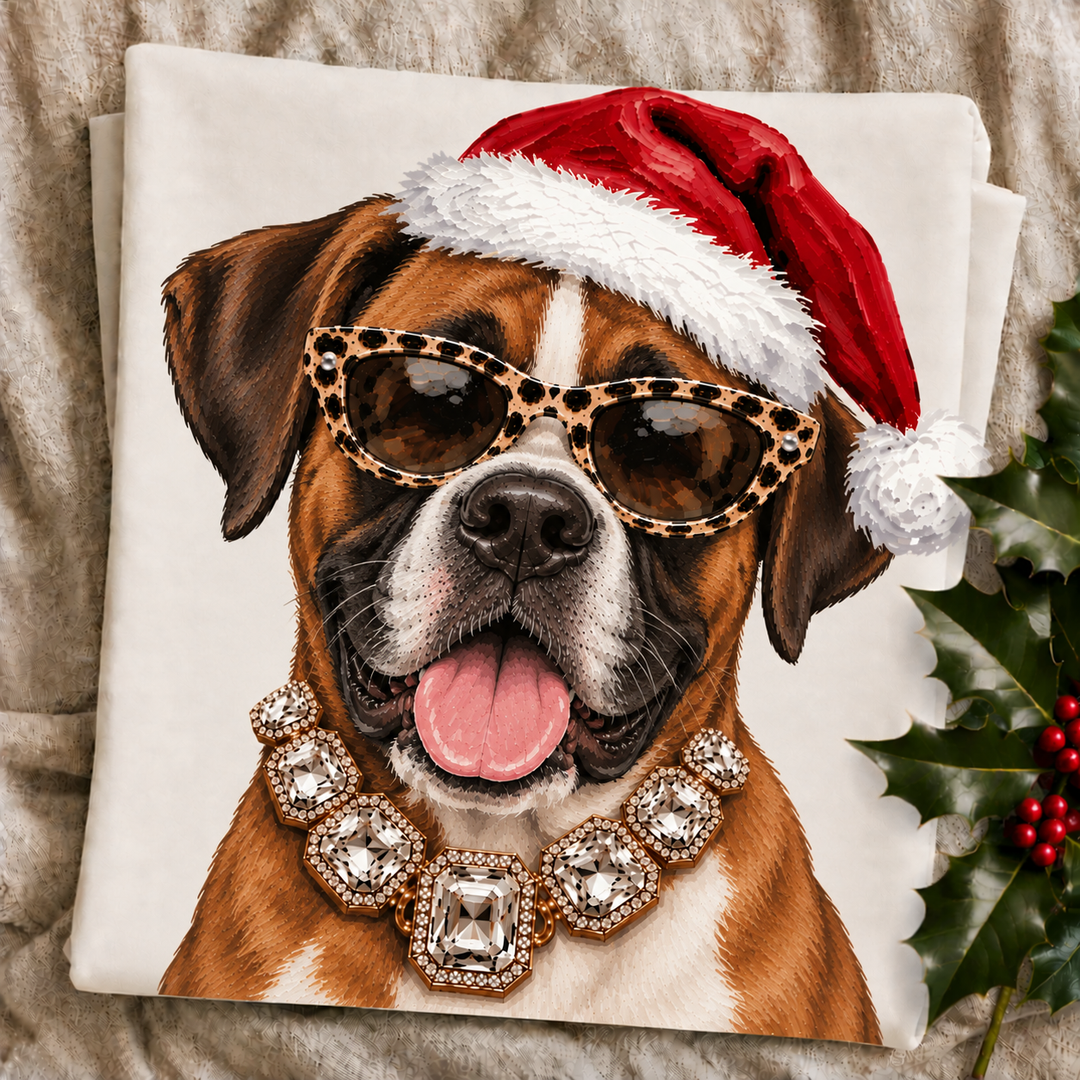 Santa Pup Boxer Christmas graphic tee or sweatshirt featuring a fawn and white Boxer in a Santa hat, leopard sunglasses and crystal necklace on ivory
