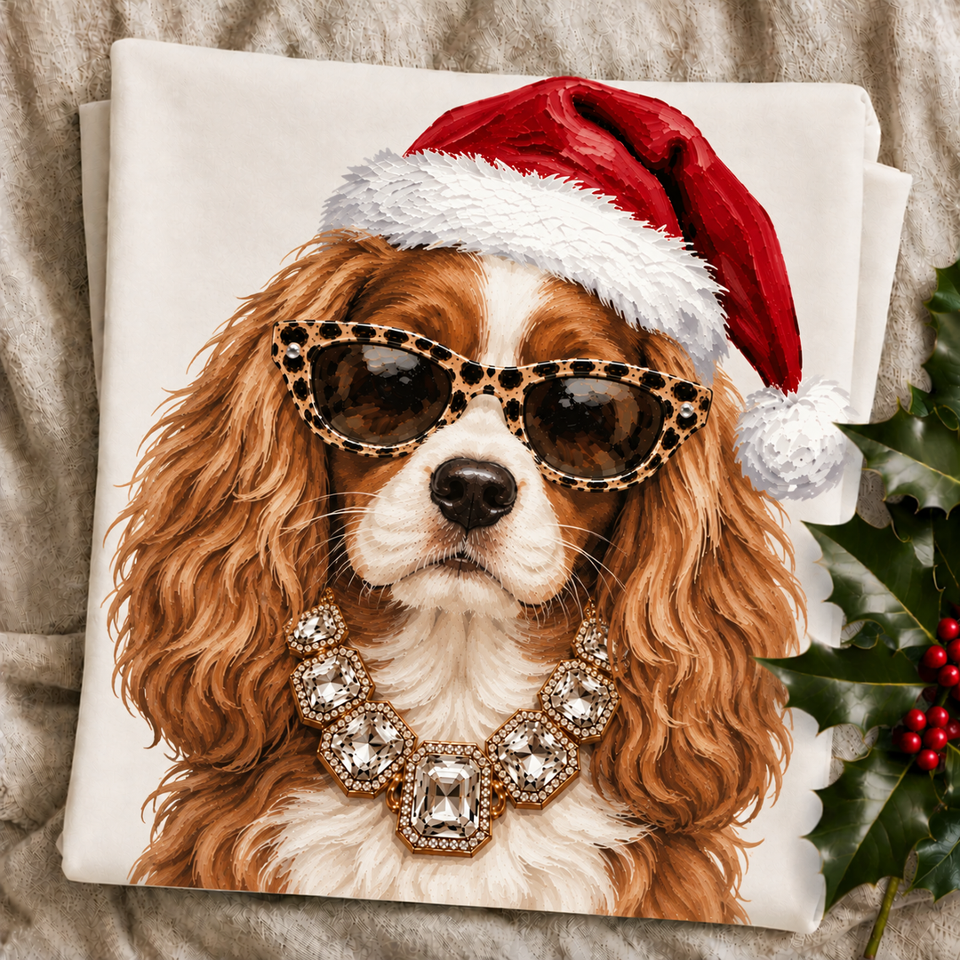 Santa Pup Cavalier King Charles Spaniel Christmas graphic tee or sweatshirt featuring a chestnut and white Cavalier King Charles Spaniel in a Santa hat, leopard sunglasses and crystal necklace on ivory
