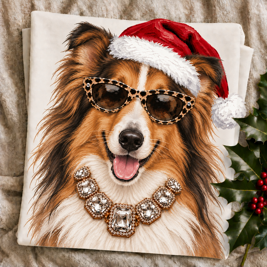 Santa Pup Collie Christmas graphic tee or sweatshirt featuring a sable and white Collie in a Santa hat, leopard sunglasses and crystal necklace on ivory