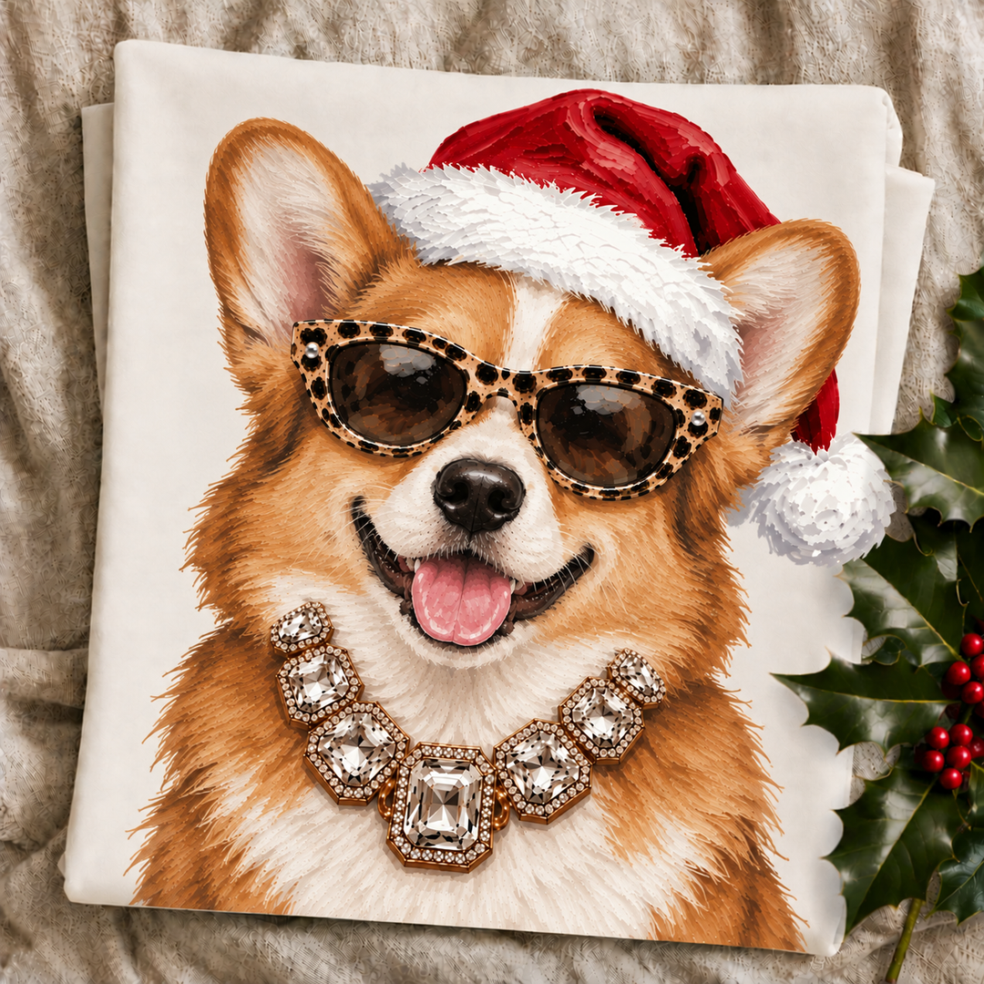 Santa Pup Corgi Christmas graphic tee or sweatshirt featuring a red and white Corgi in a Santa hat, leopard sunglasses and crystal necklace on ivory