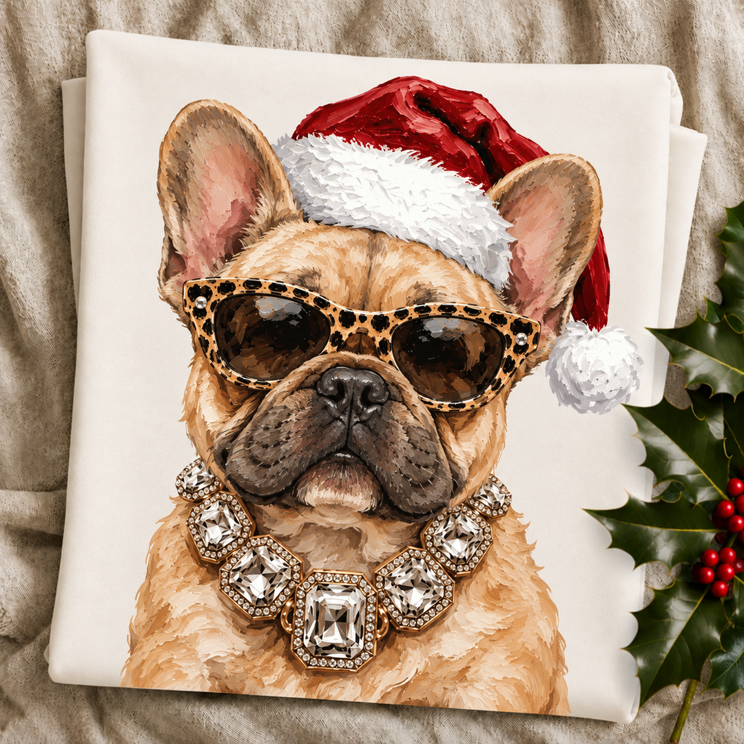 Santa Pup Frenchie Christmas graphic tee or sweatshirt featuring a fawn French Bulldog in a Santa hat, leopard sunglasses and crystal necklace on ivory