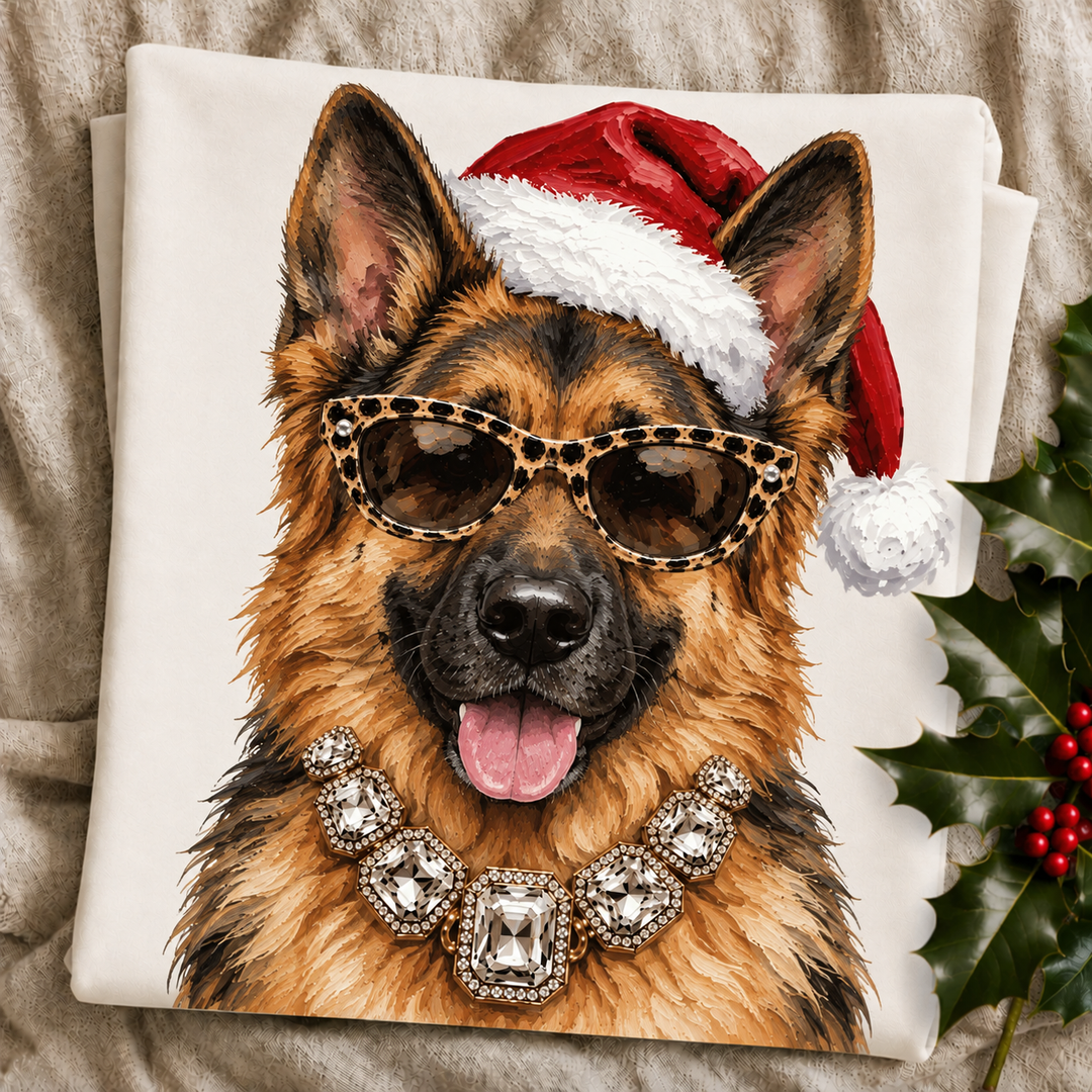 Santa Pup German Shepherd Christmas graphic tee or sweatshirt featuring a black and tan German Shepherd in a Santa hat, leopard sunglasses and crystal necklace on ivory
