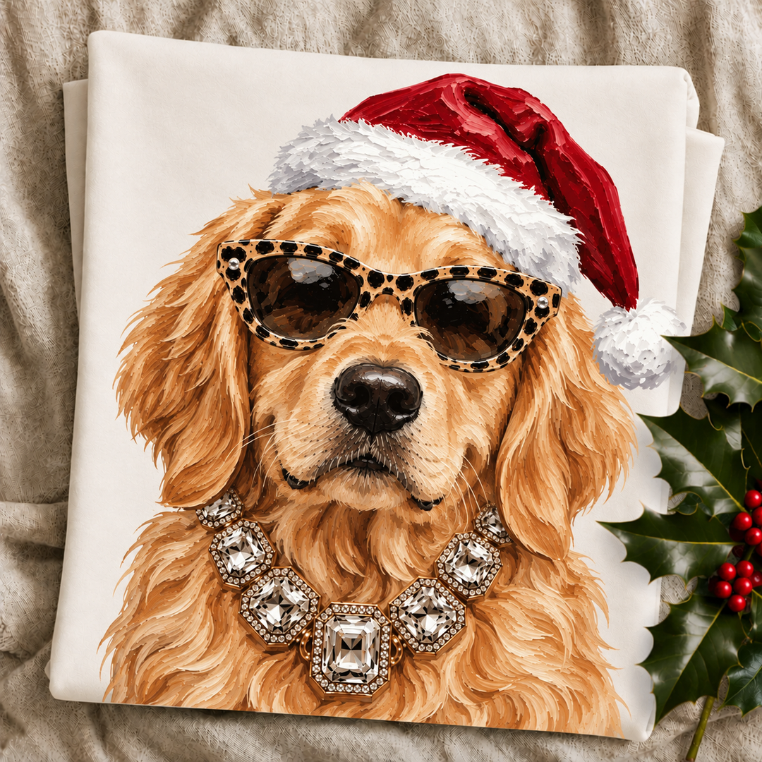 Santa Pup Golden Retriever Christmas graphic tee or sweatshirt featuring a golden-coated Golden Retriever in a Santa hat, leopard sunglasses and crystal necklace on ivory