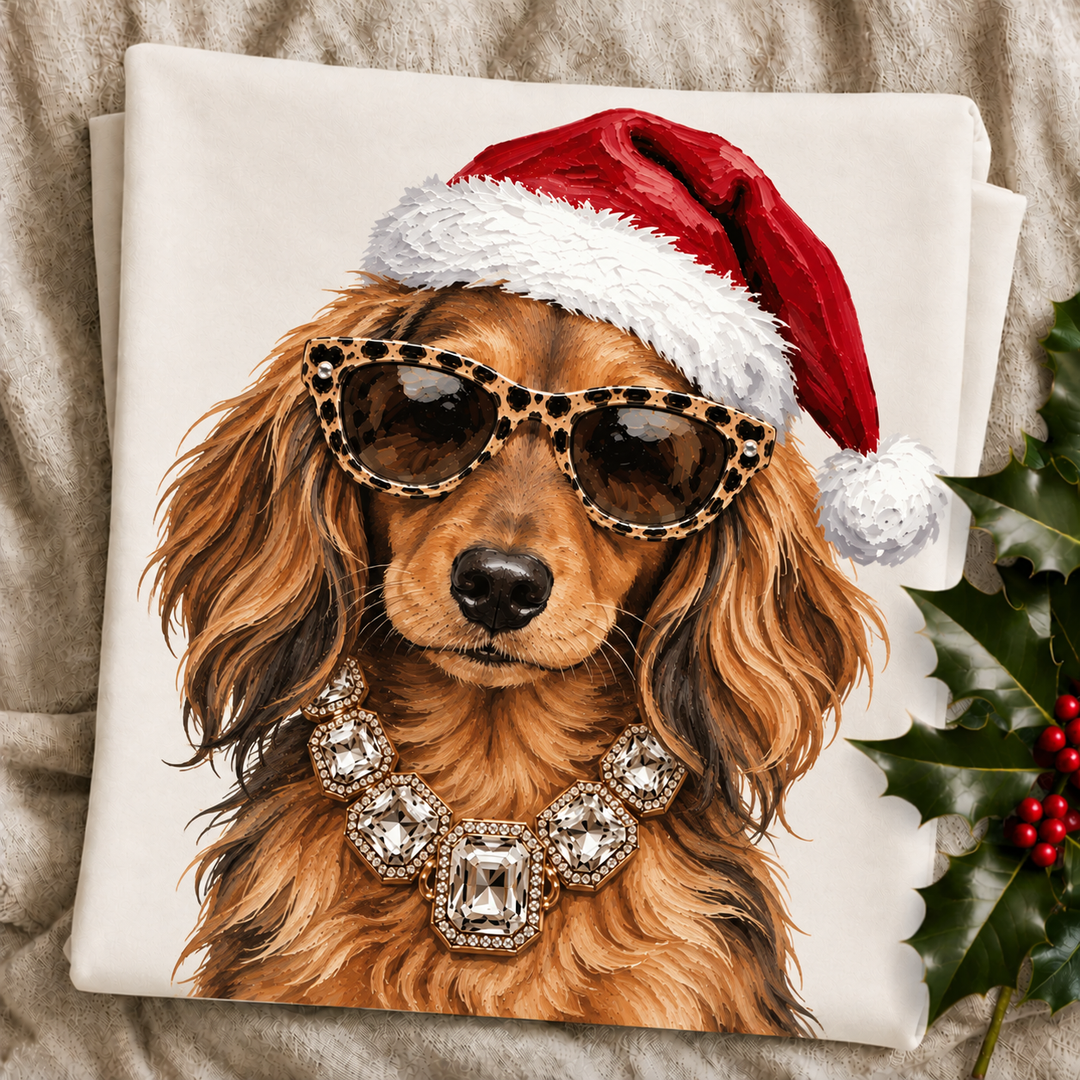 Santa Pup Longhair Brown Dachshund Christmas graphic tee or sweatshirt featuring a brown longhaired Dachshund in a Santa hat, leopard sunglasses and crystal necklace on ivory