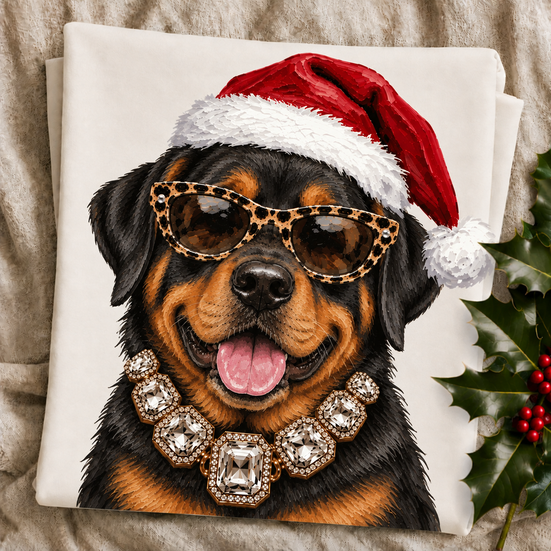 Santa Pup Rottweiler Christmas graphic tee or sweatshirt featuring a black and tan Rottweiler in a Santa hat, leopard sunglasses and crystal necklace on ivory