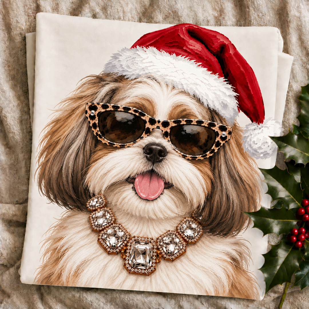 Santa Pup Shih Tzu Christmas graphic tee or sweatshirt featuring a cream and brown Shih Tzu in a Santa hat, leopard sunglasses and crystal necklace on ivory