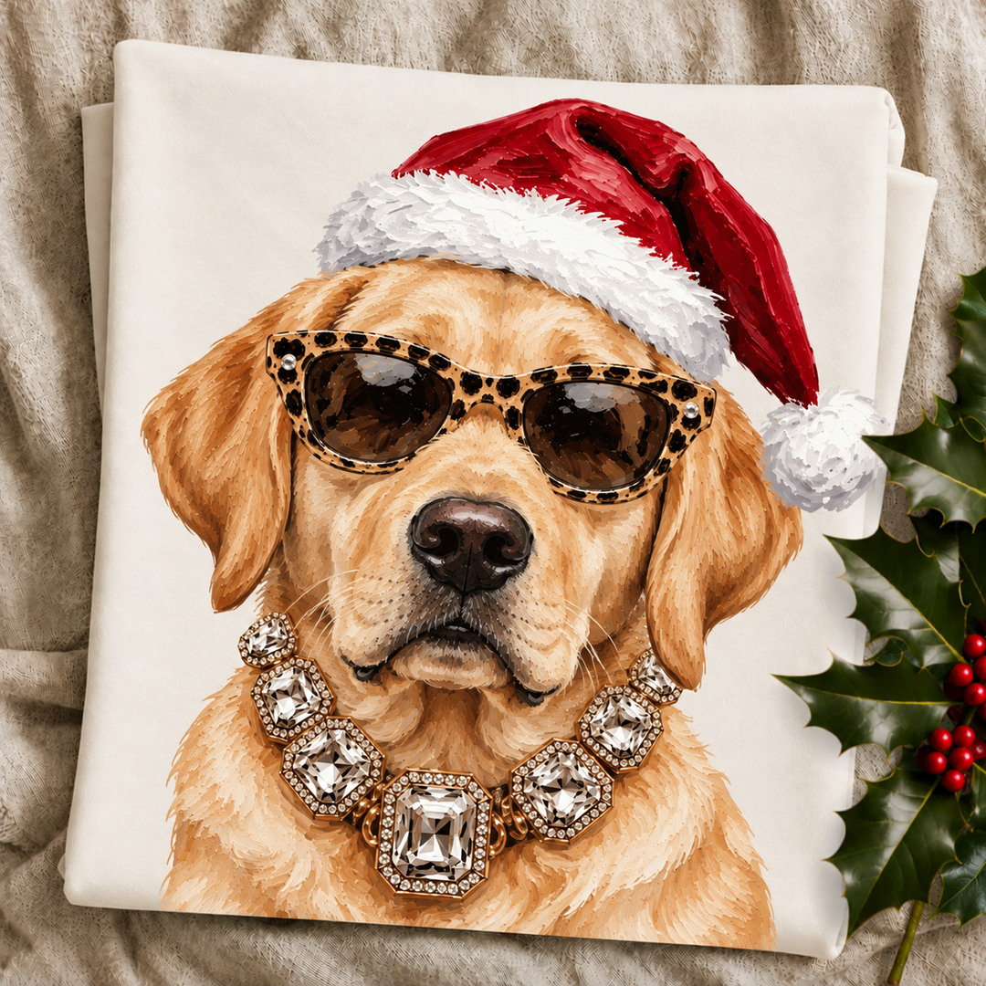 Santa Pup Yellow Lab Christmas graphic tee or sweatshirt featuring a yellow Labrador Retriever in a Santa hat, leopard sunglasses and crystal necklace on ivory