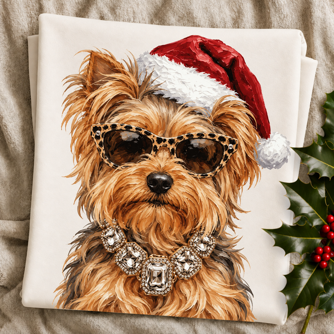 Santa Pup Yorkie Christmas graphic tee or sweatshirt featuring a tan and gold Yorkie in a Santa hat, leopard sunglasses and crystal necklace on ivory
