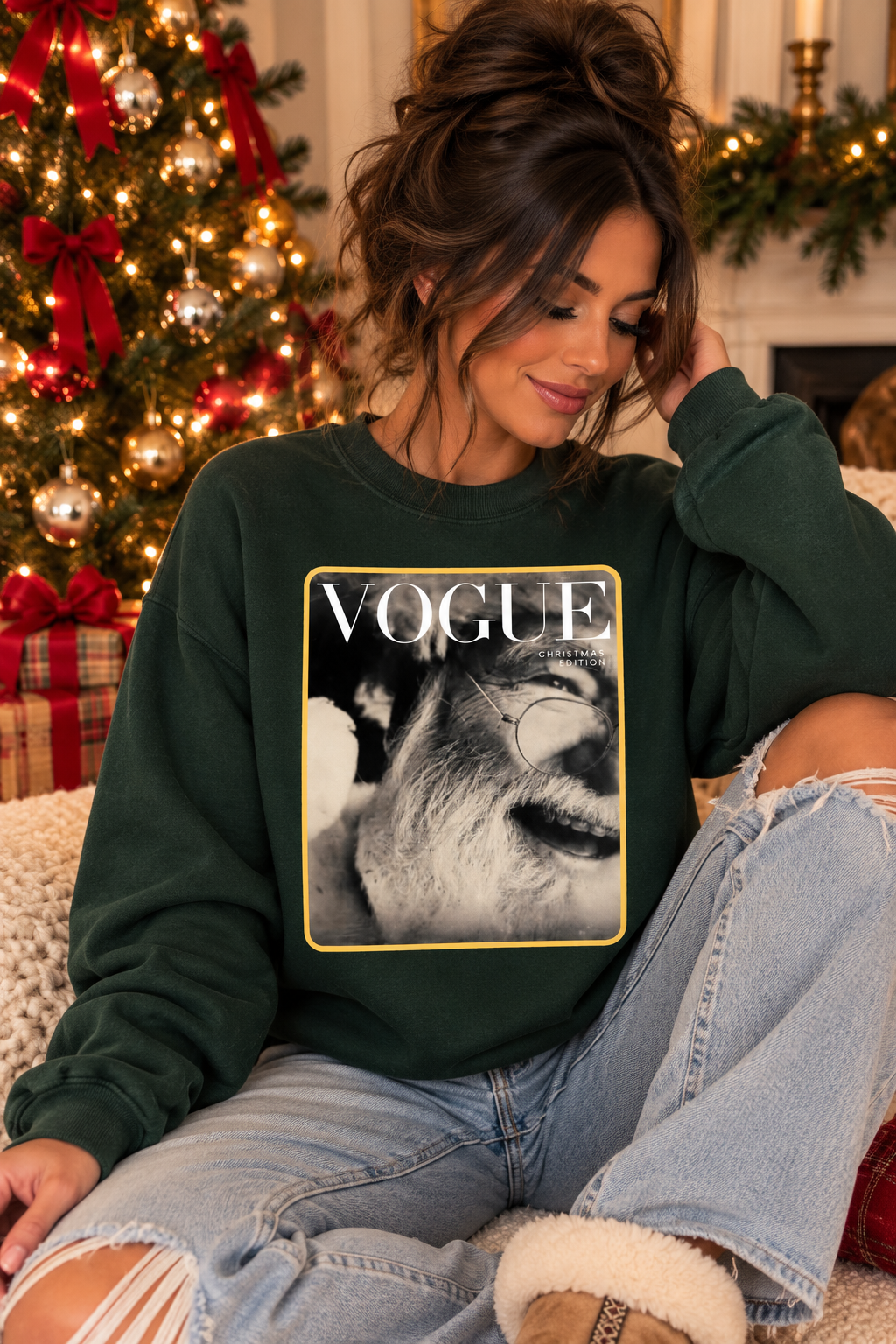 Vogue Santa Christmas graphic tee or sweatshirt on green with a black and white magazine cover-style Santa portrait
