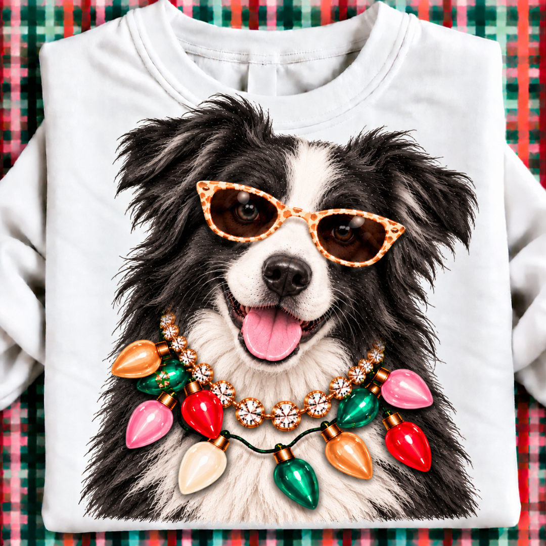 Custom Made to Order | Holiday Boujee Border Collie Graphic Tee or Sweatshirt in Multiple Printing Options on White