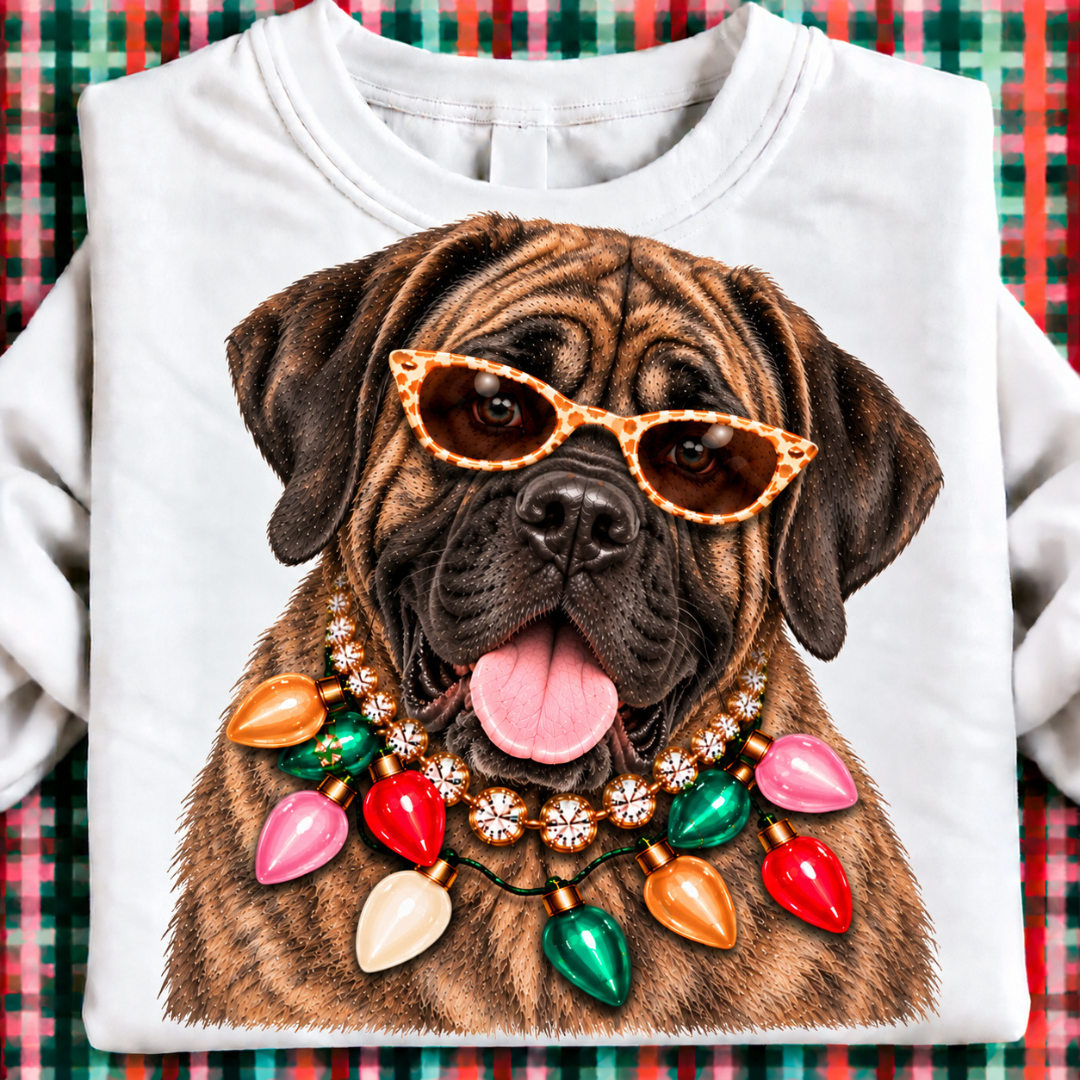 Custom Made to Order | Holiday Boujee Brindle Mastiff Graphic Tee or Sweatshirt in Multiple Printing Options on White