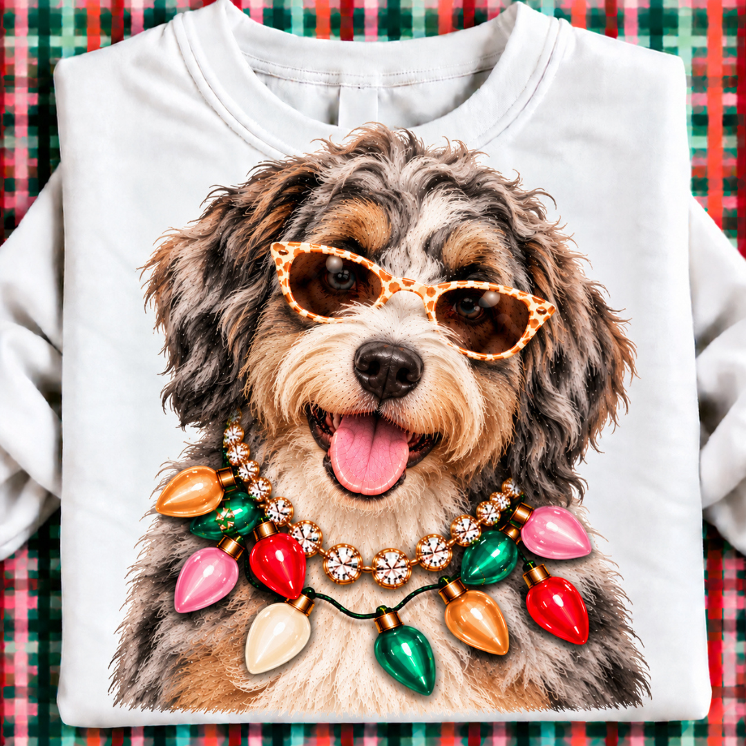 Custom Made to Order | Holiday Boujee Merle Aussie Doodle Graphic Tee or Sweatshirt in Multiple Printing Options on White