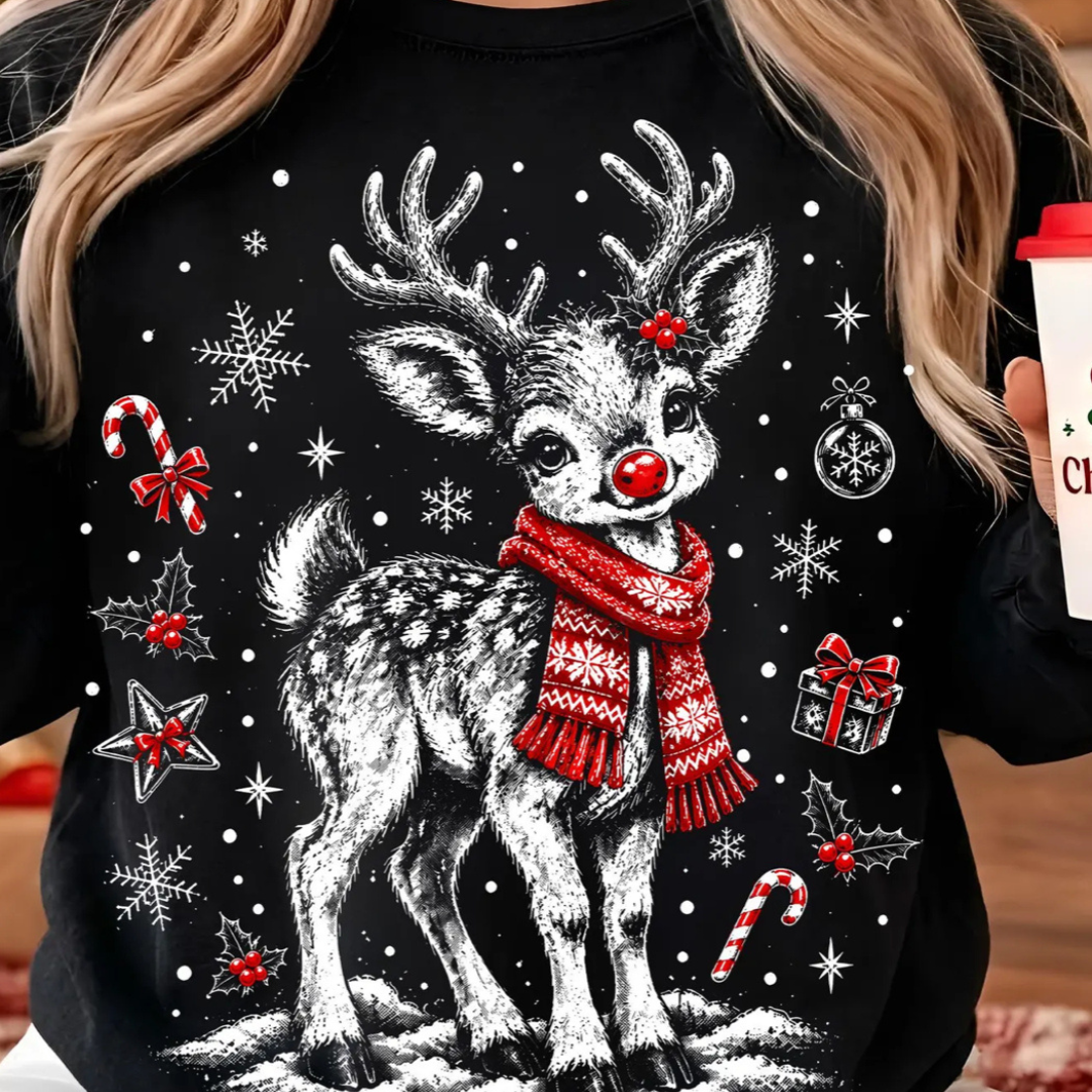 Custom Made to Order | Holiday Raindeer Graphic Tee or Sweatshirt in Multiple Printing Options on Black