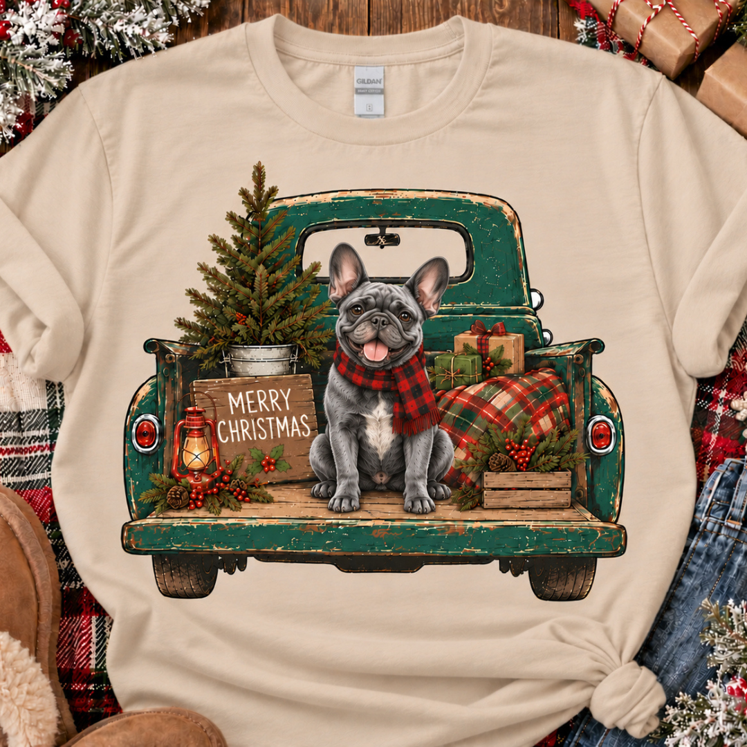 Sand-colored Christmas graphic tee or sweatshirt featuring a smiling blue-gray French Bulldog wearing a red and black buffalo plaid scarf while sitting in a distressed vintage green pickup truck with a Christmas tree, wrapped gifts, plaid blanket, red lantern, and rustic Merry Christmas sign.