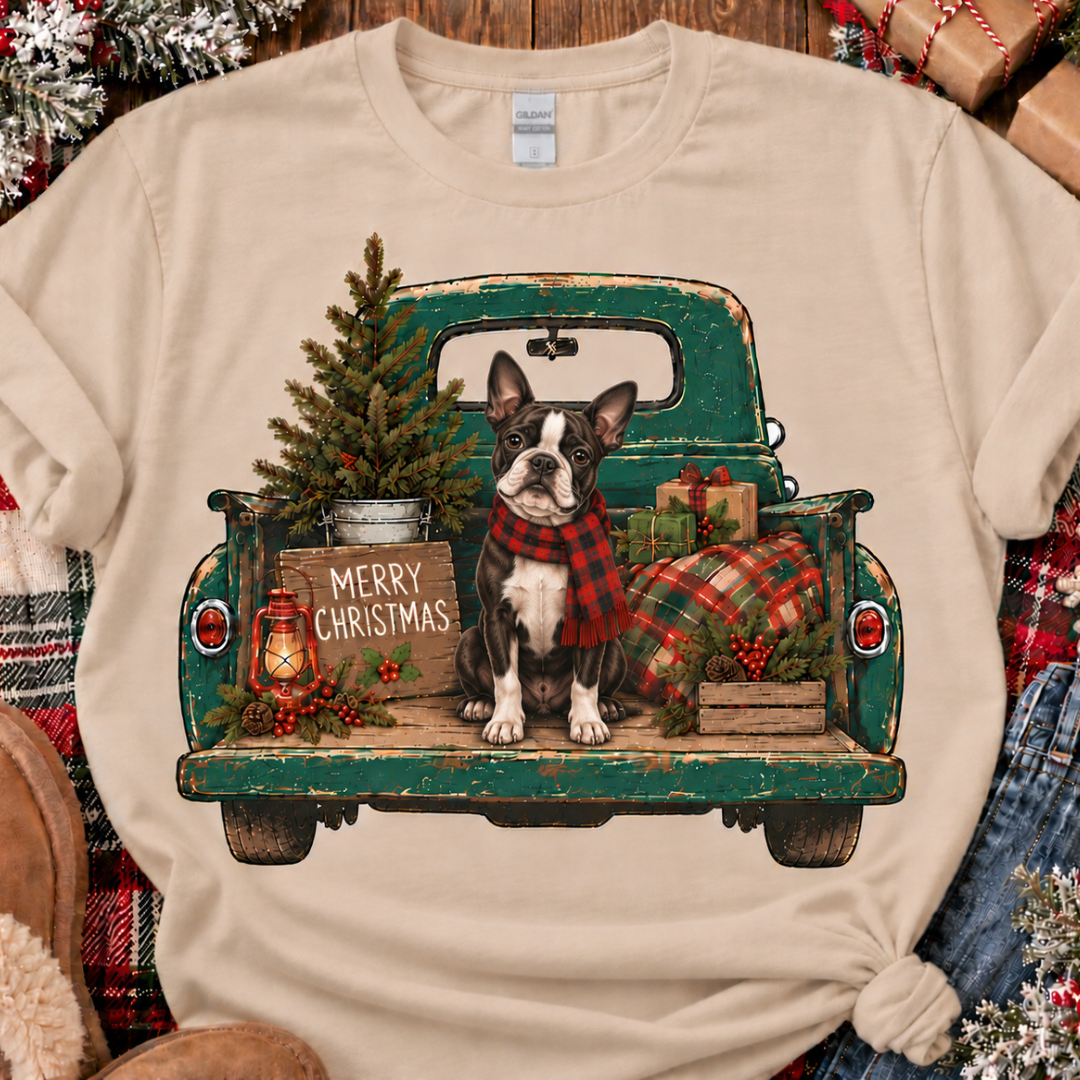 Custom Made to Order | Holiday Rustic Truck Boston Graphic Tee or Sweatshirt in Multiple Printing Options on Sand
