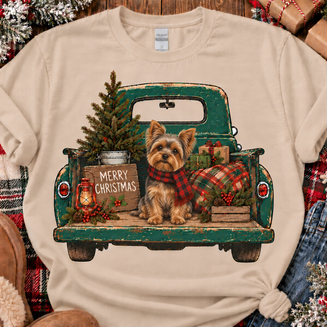 Custom Made to Order | Holiday Rustic Truck Yorkie Graphic Tee or Sweatshirt in Multiple Printing Options on Sand