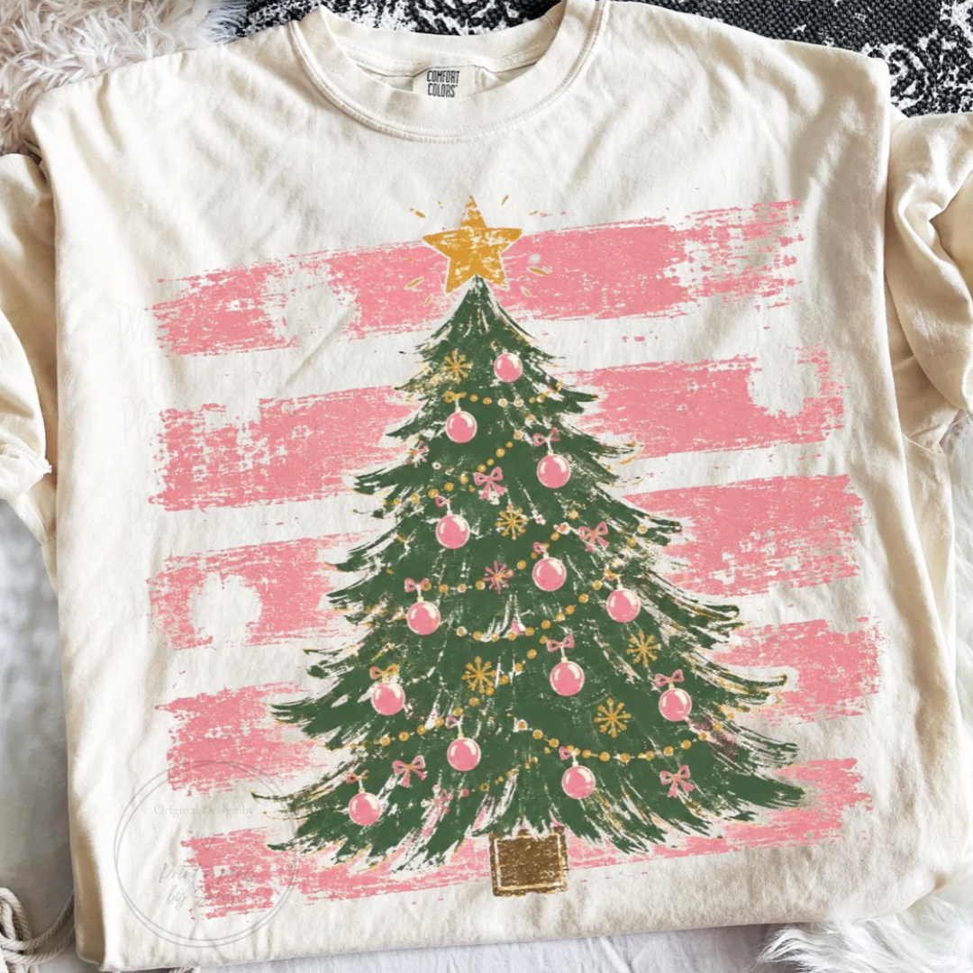 Custom Made to Order | Holiday Tree Striped Graphic Tee or Sweatshirt in Multiple Printing Options on Ivory