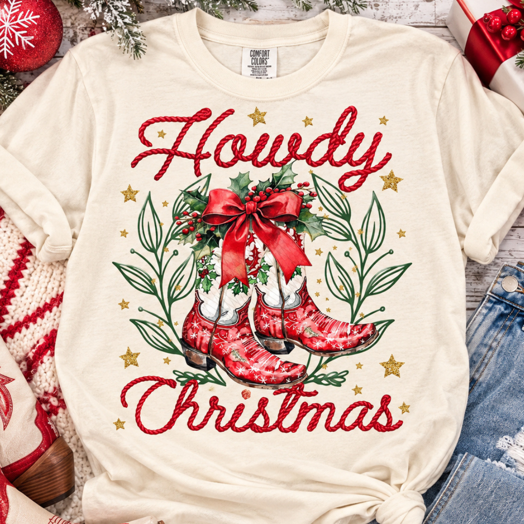 Custom Made to Order | Howdy Christmas Boots Graphic Tee or Sweatshirt in Multiple Printing Options on Ivory