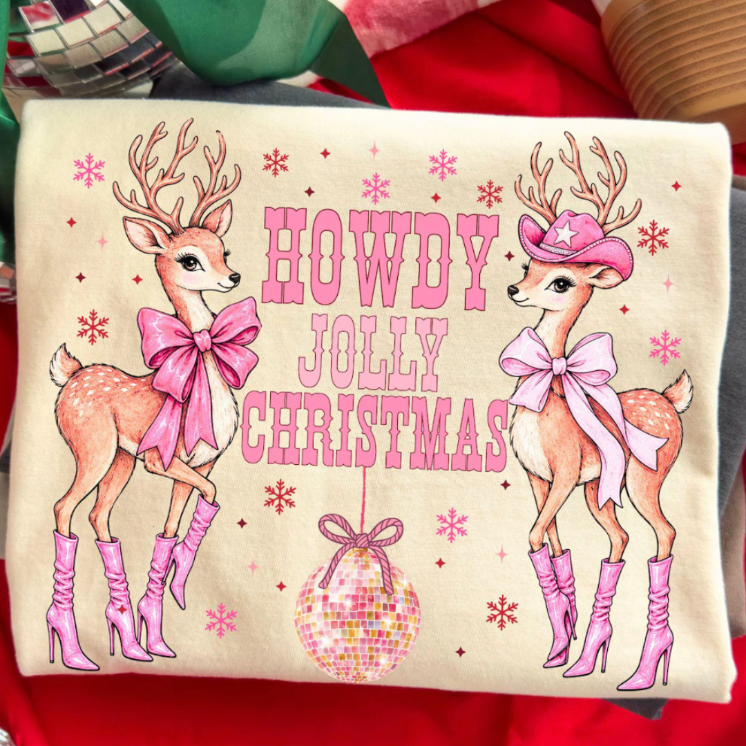 Custom Made to Order | Howdy Jolly Deer Graphic Tee or Sweatshirt in Multiple Printing Options on Cream