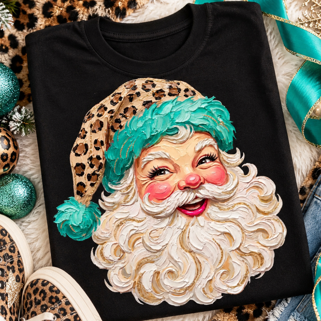 Custom Made to Order | Leopard Turquoise Santa Graphic Tee or Sweatshirt in Multiple Printing Options on Black