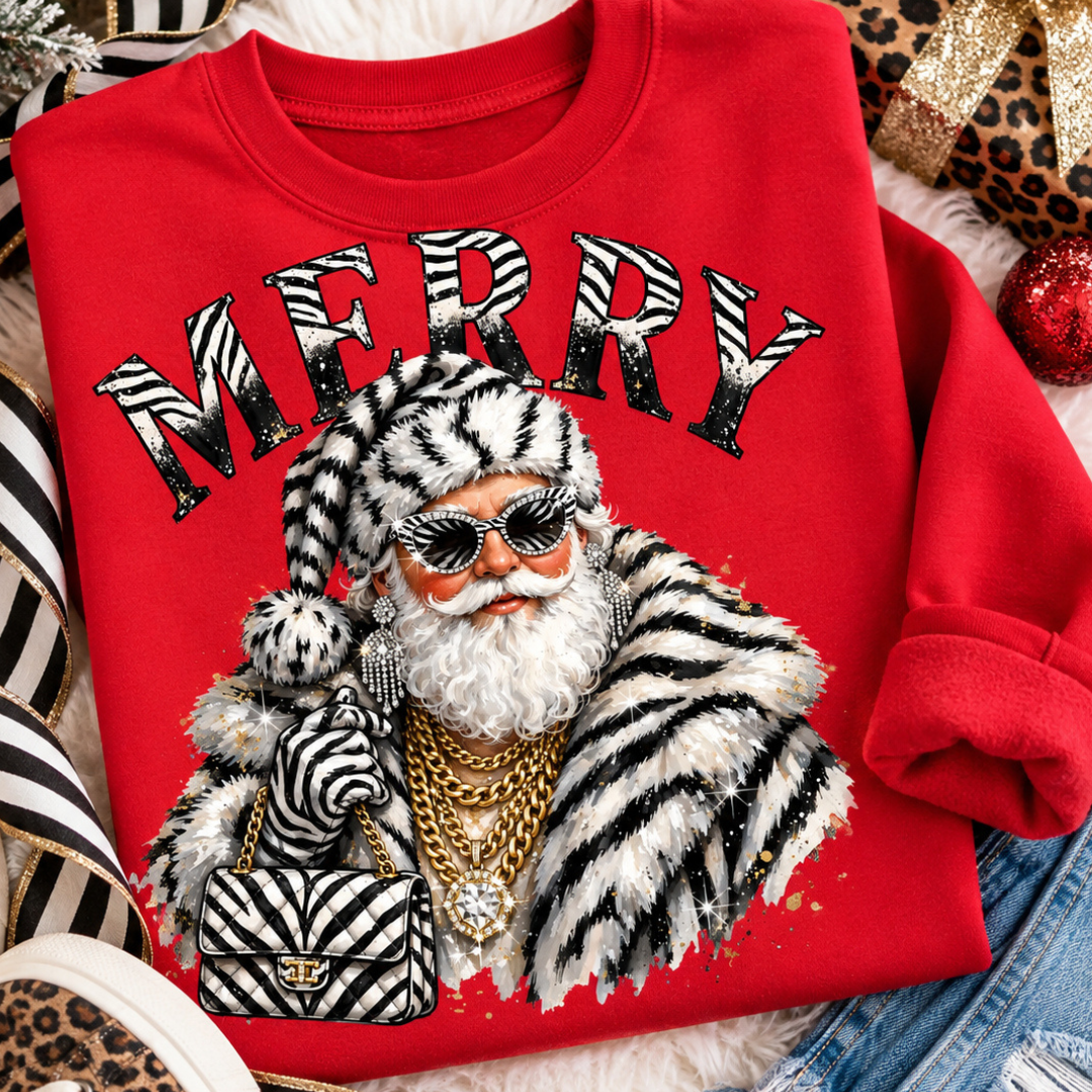 Custom Made to Order | Merry Boujee Zebra Print Santa Graphic Tee or Sweatshirt in Multiple Printing Options on Red