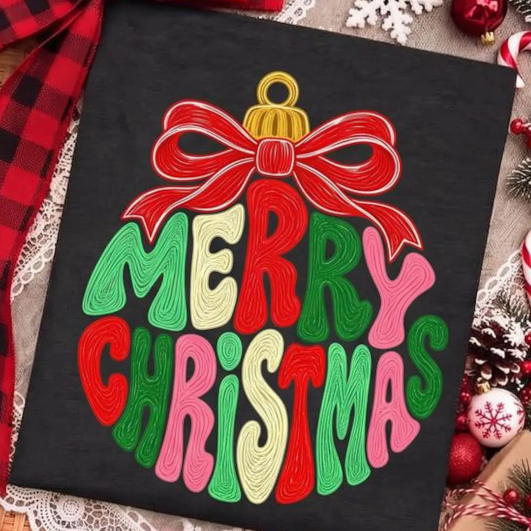 Custom Made to Order | Merry Ornament Bow Graphic Tee or Sweatshirt in Multiple Printing Options on Black