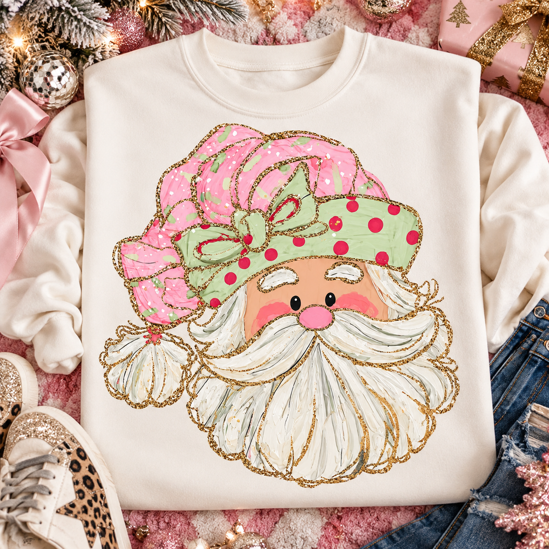Cutie Santa Polka Christmas graphic tee or sweatshirt on white with Santa in a pink and green polka dot hat with a bow