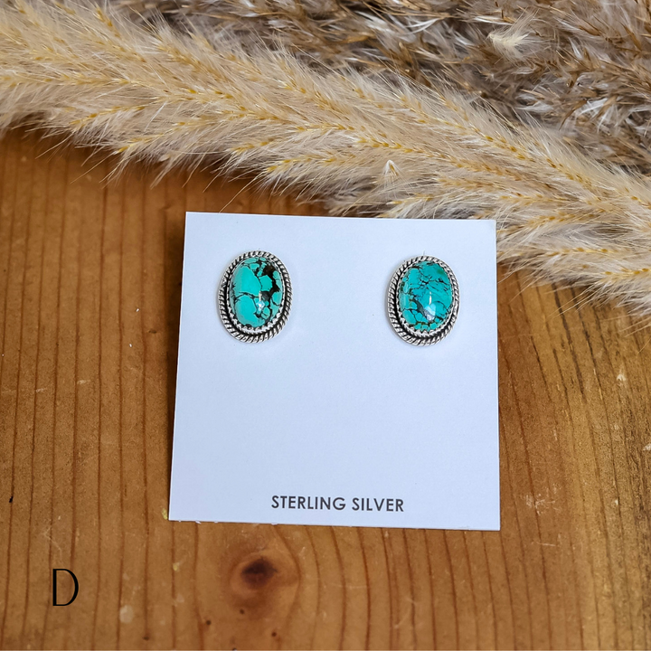 Navajo | Navajo Handmade Sterling Silver Oval Stud Earrings in Turquoise