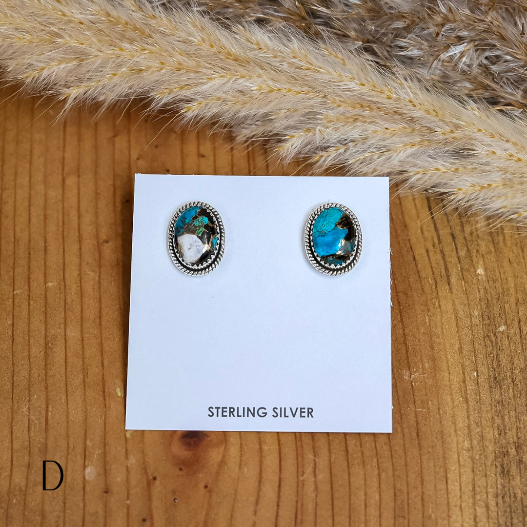 Navajo | Navajo Handmade Sterling Silver Oval Stud Earrings in Turquoise Mix