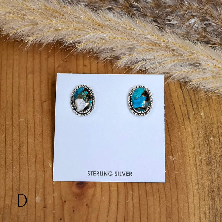 Navajo | Navajo Handmade Sterling Silver Oval Stud Earrings in Turquoise Mix