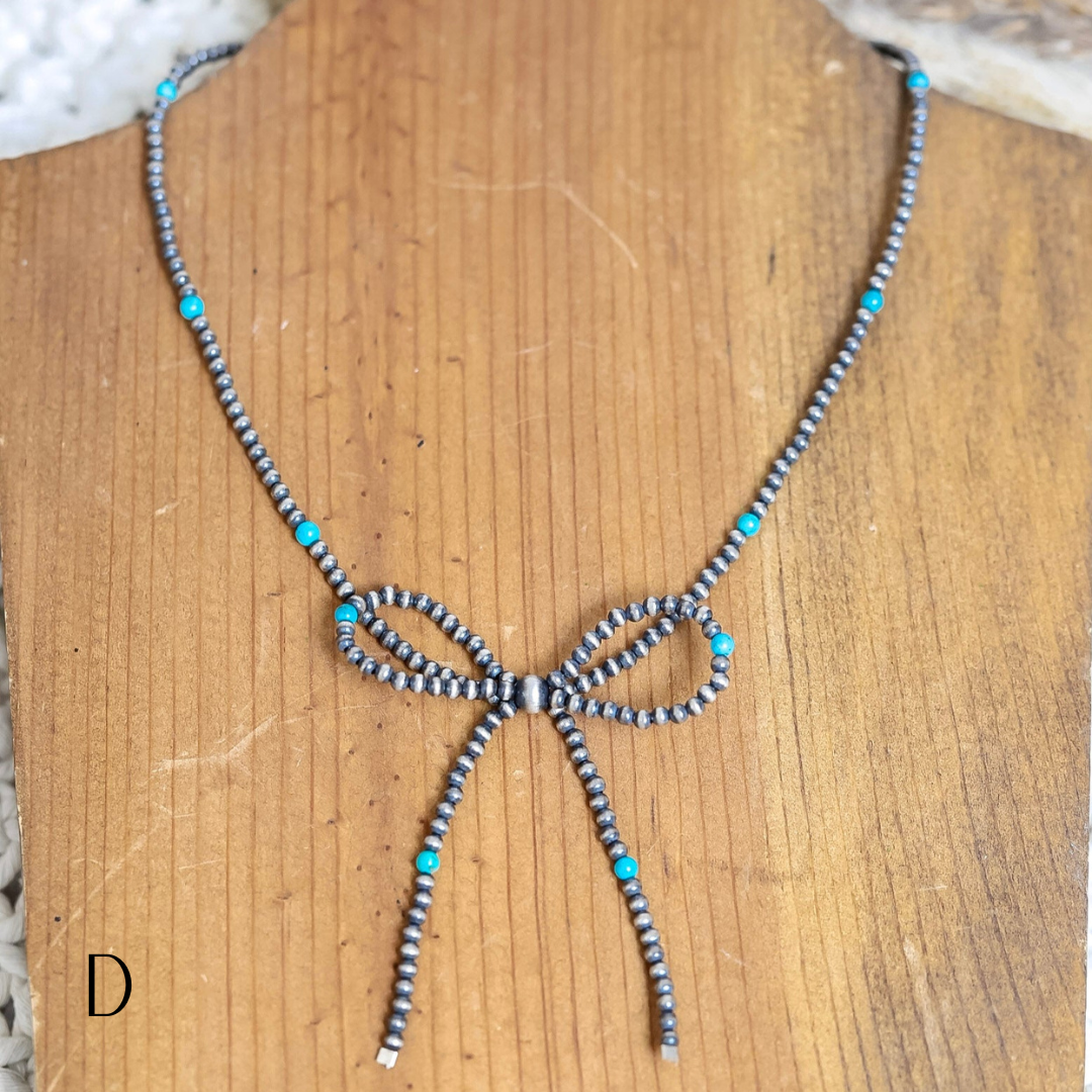 Navajo | Navajo Handmade Sterling Silver Turquoise Pearl Bow Necklace