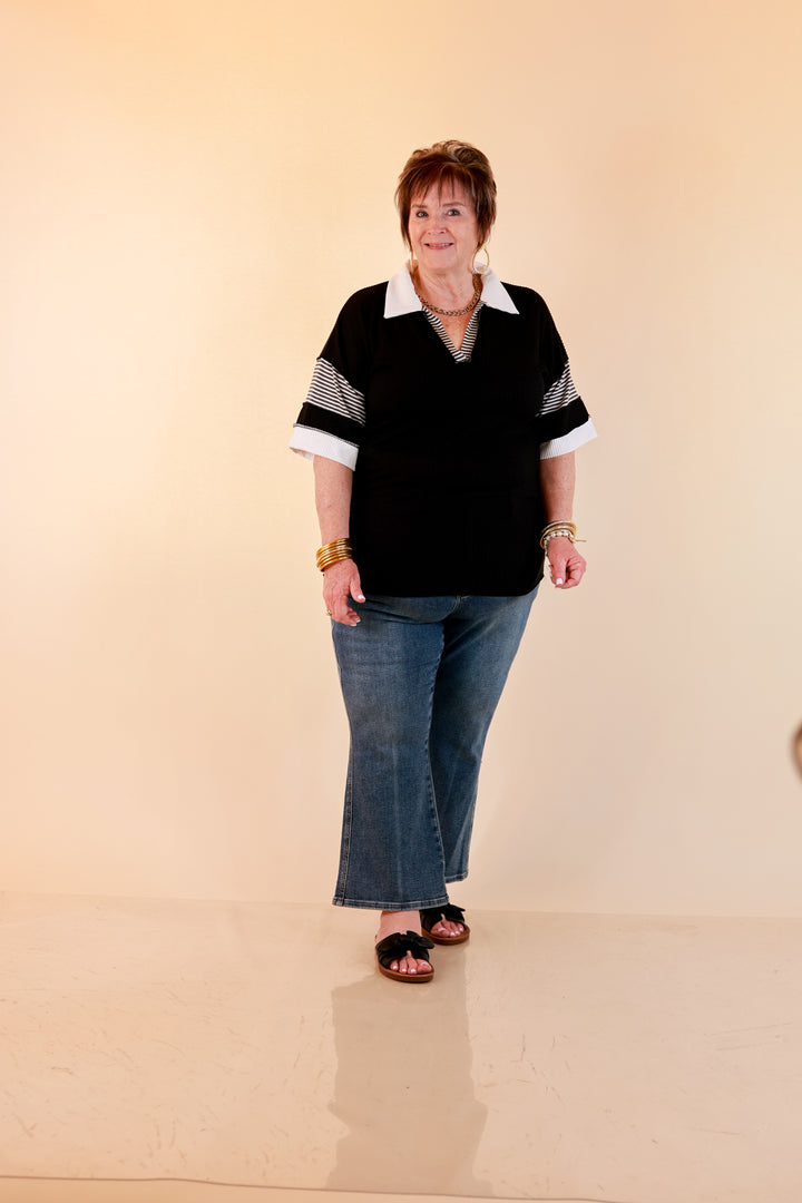 Chic by Design Ribbed Collared Top with Contrast Stripe Short Sleeves in Black