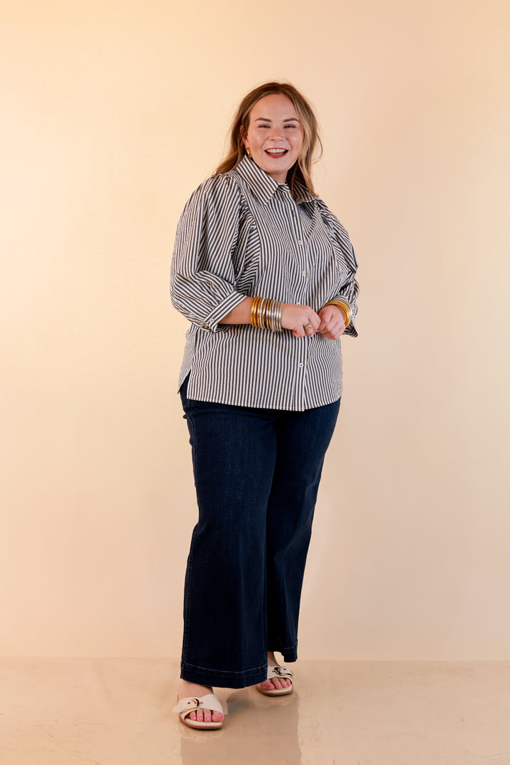Crisp and Collected Stripe Button Front Collared Top with Puff Short Sleeves in Black and White
