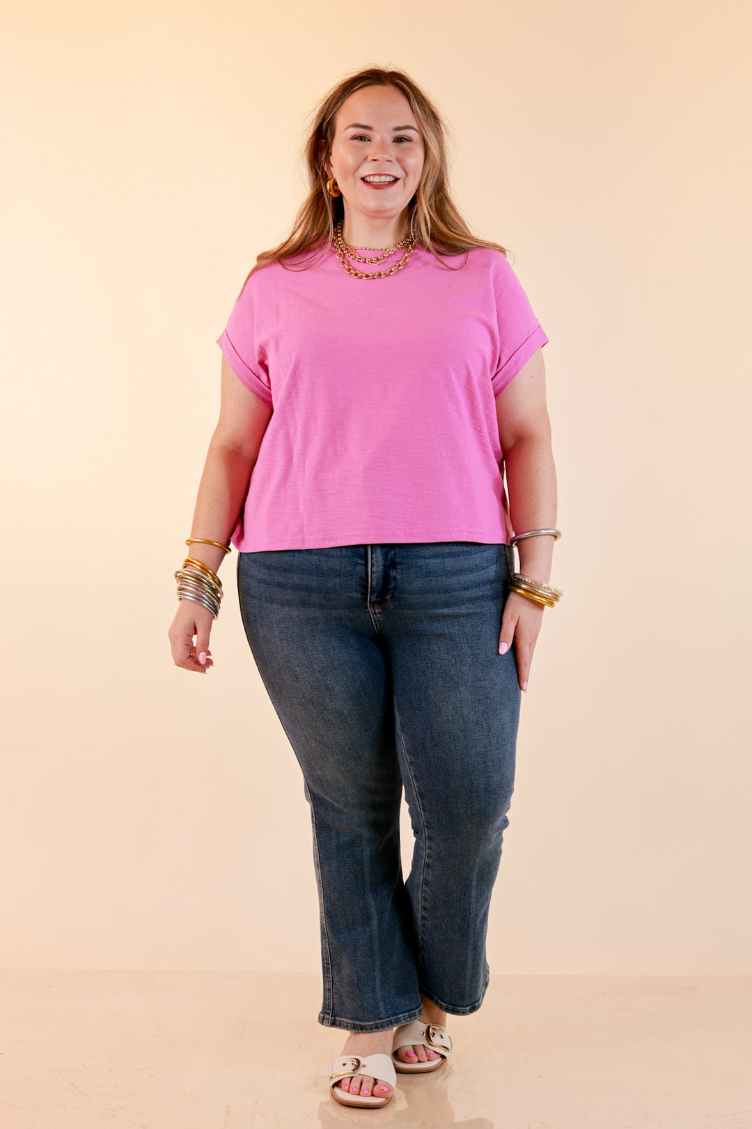 Laidback Luxe Rolled Drop Sleeve Relaxed Fit Basic Short Sleeve Top in Mauve Purple