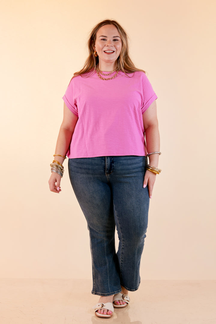 Laidback Luxe Rolled Drop Sleeve Relaxed Fit Basic Short Sleeve Top in Mauve Purple