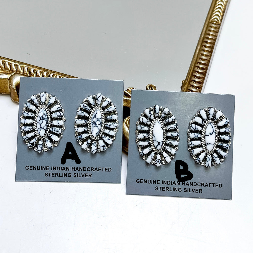 Sterling silver white buffalo cluster stud earrings handmade by Native American artist Juliana Benally with black matrix detailing and southwestern styling.