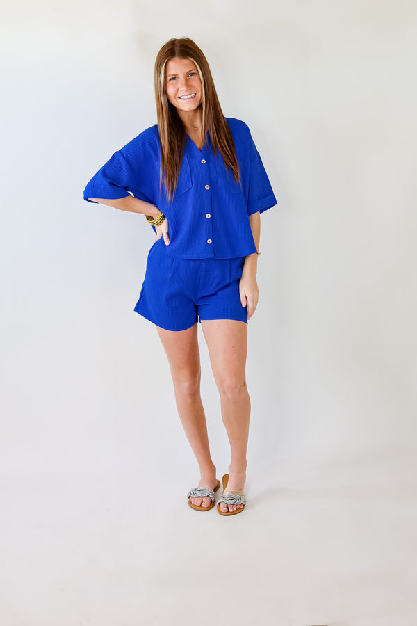 Time To Go Waffle Weave Button Up Top in Royal Blue