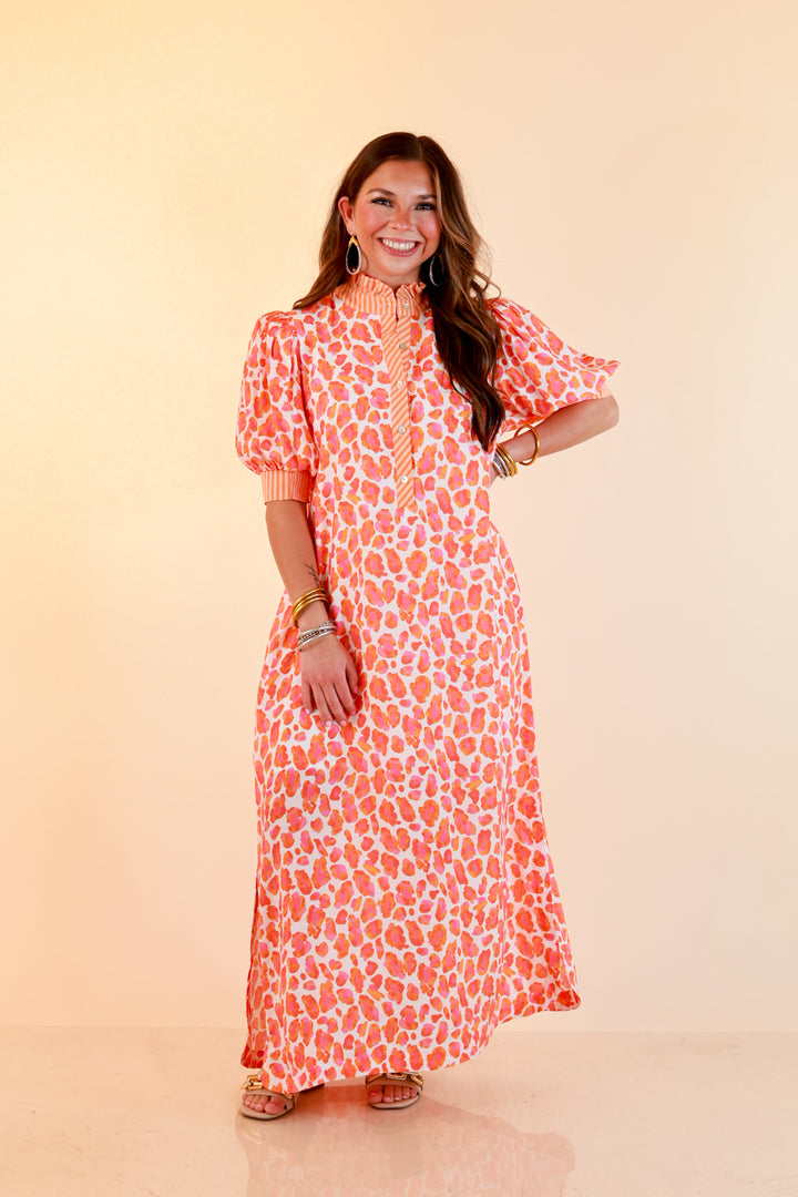 Feeling Extra Leopard Print Midi Dress with Stripe Contrast Collar and Puff Sleeves in Pink and Orange
