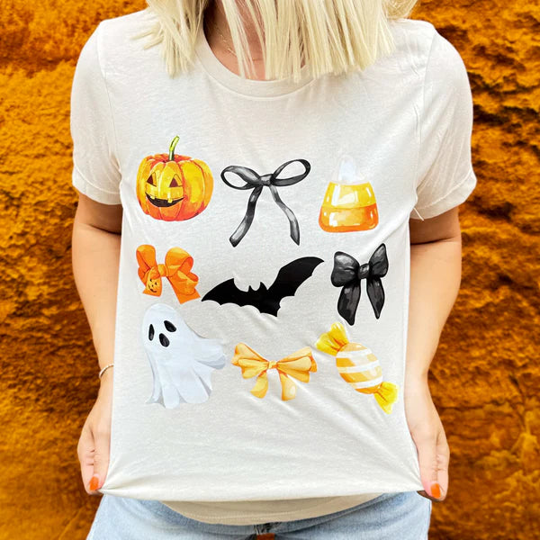 Online Exclusive | Candy Corn + Bows Short Sleeve Graphic Tee in Tan