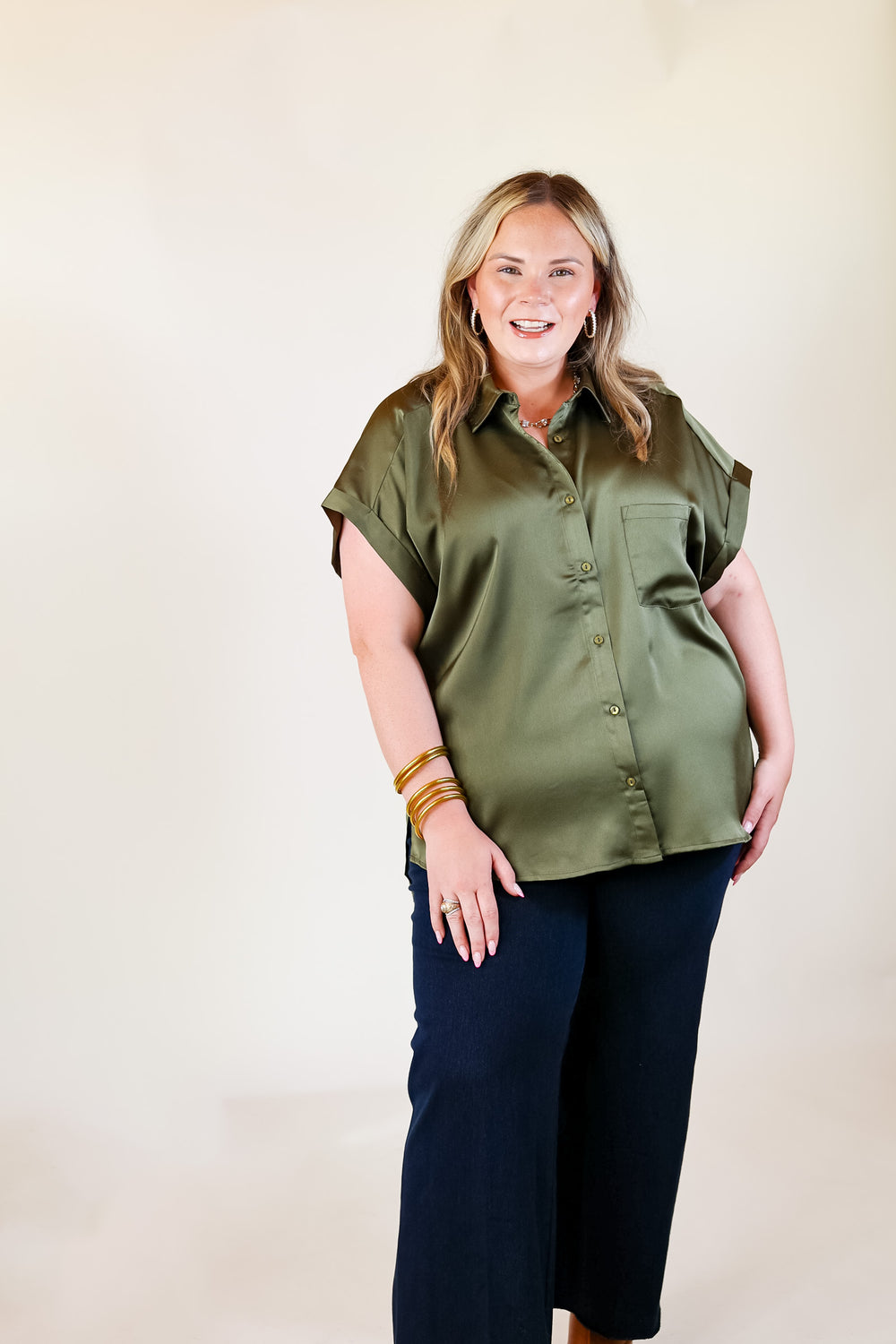 Free To Be Fab Button Up Short Sleeve Top in Olive Green - Giddy Up Glamour Boutique