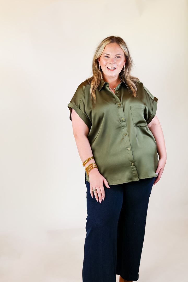 Free To Be Fab Button Up Short Sleeve Top in Olive Green - Giddy Up Glamour Boutique