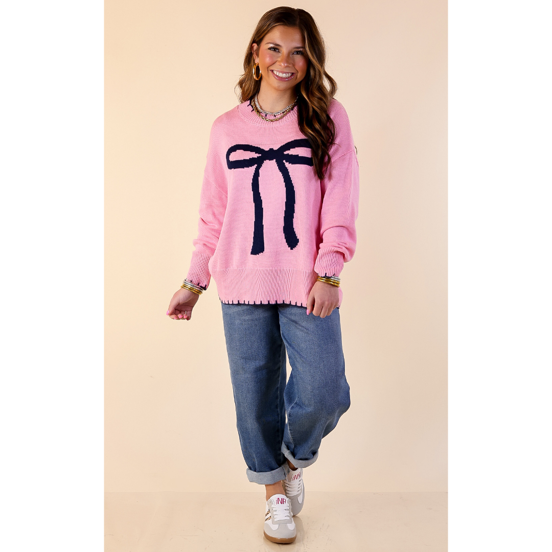 Simply Southern | Naturally Yours Knit Sweater with Navy Bow and Trim in Pink